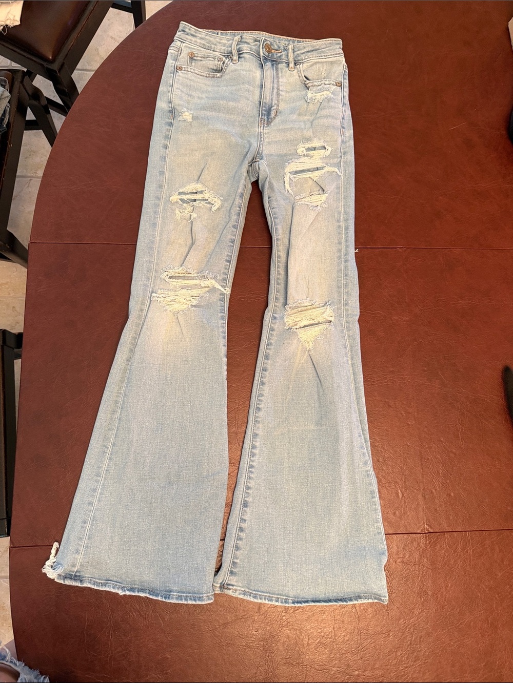 American Eagle Outfitters Light Blue Stretch Distressed Flare Jeans - Women